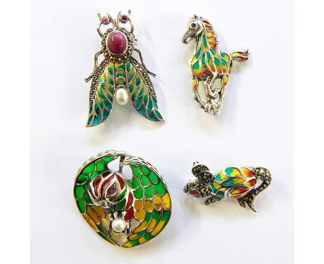 Four silver plique a jour marcasite and semi-precious stone brooches, three with pendant mounts, to include owl and insect, e