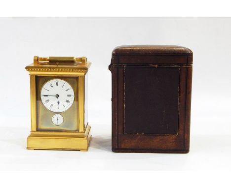 19th century AguillesFrench repeating alarm carriage clock having swing shaped hooped handle, stepped pediment with dentil co