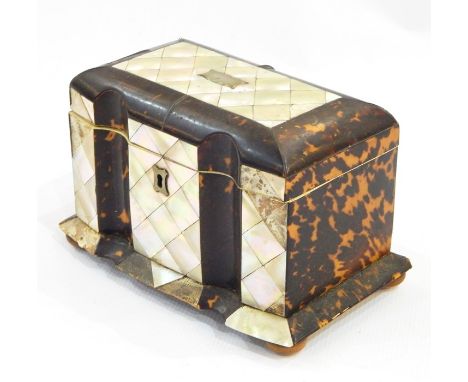 Victorian mother-of-pearl and tortoiseshell tea caddy, the cushion-shaped top with lozenge mother-of-pearl decoration, tortoi