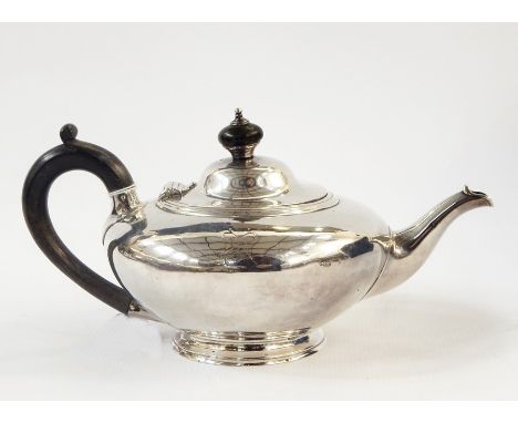 Victorian squat silver teapot with ebony finial and handle, by Walter Morrisse, London 1858, retailed by Lambert &amp; Rawlin