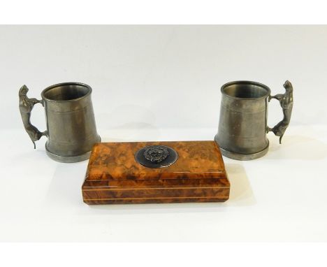 Walnut cigarette box&nbsp;with the Jaguar Marque on the lid, pair of pewter mugs&nbsp;with Jaguar handles and a silver plated