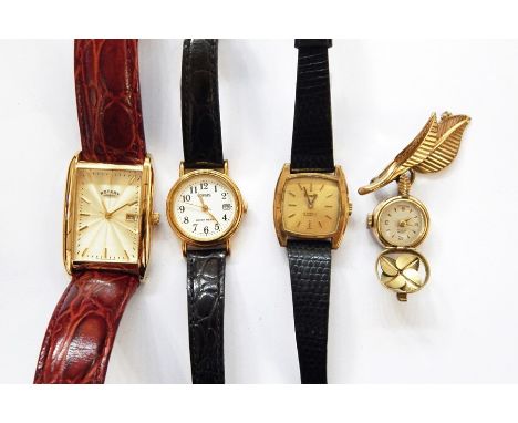 Gent's Rotary gilt metal wristwatch with faux alligator strap, having rectangular engine-turned dial, two lady's wristwatches