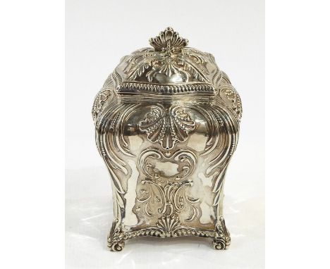 Victorian silver tea caddy by Thomas Bradbury, London 1894, of bombe form, repousse with shells, C- and foliate scrolls, vaca