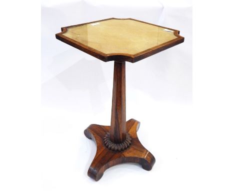 Antique rosewood occasional table, the square glass top with incuse corners, on panelled tapered column, gadrooned concave sq