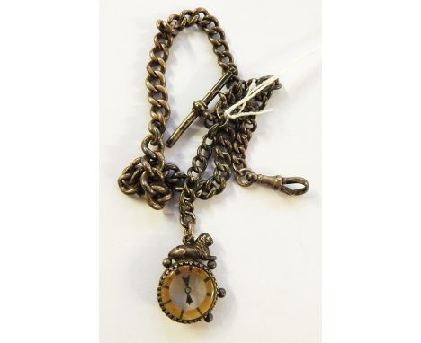 Silver albert chain, graduated curb link with T-bar and lion mounted wheel compass fob