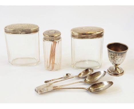 Pair of Victorian silver-topped dressing table jars, London 1895, another similar, a silver pedestal eggcup, two Old English 