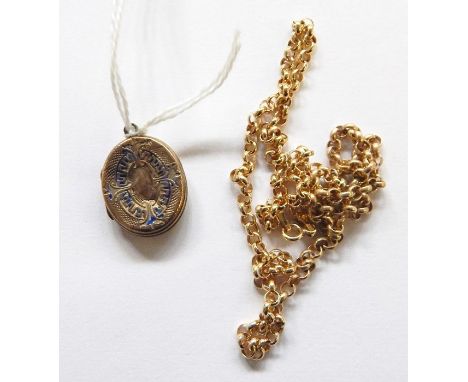 9ct gold chain necklace, approx 3.6g&nbsp;and a 19th century yellow metal and blue enamel locket&nbsp;(probably 9ct gold) wit
