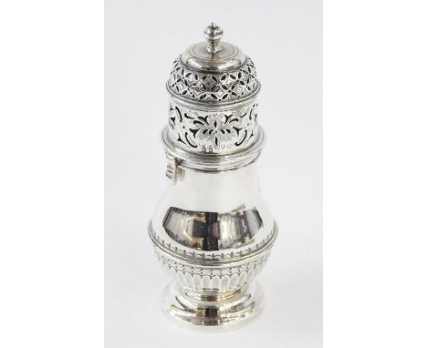 Early 20th century silver sugar caster with turned finial above the twist lock, pierced and engraved lid above the baluster s