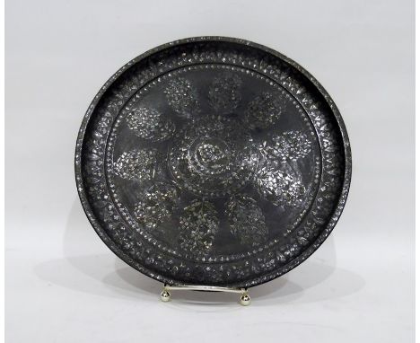 Antique Eastern bronze Bhidri dish&nbsp;with inlaid silvered and gold-coloured metal tree-type decoration around central circ