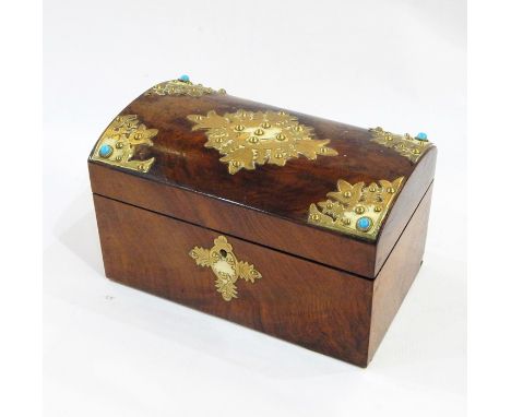 Victorian brass-bound figured walnut dome-top tea caddy, the ornate brass mounts inset with turquoise stones to the corners, 