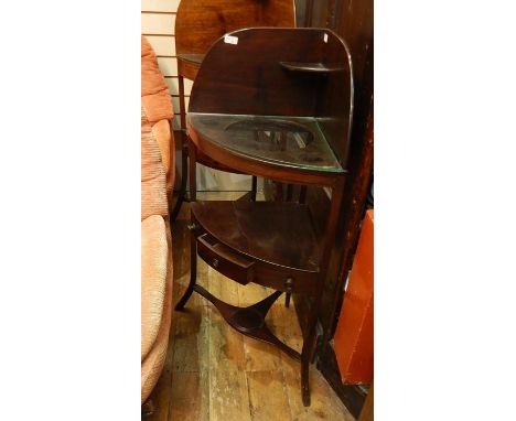19th century mahogany corner wash stand, the raised back with single corner shelf, three open compartments, single drawer and