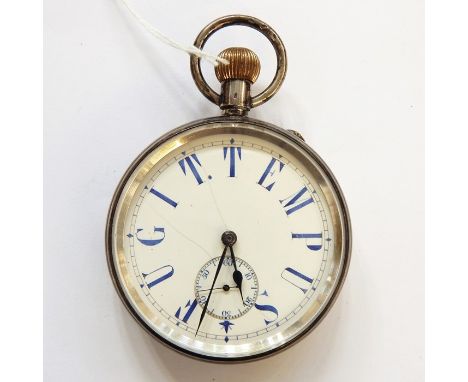 Swiss silver jumbo pocket/desk watch with folding easel stand to back and white enamel dial, inscribed in blue 'Tempus Fugit'