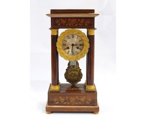 French style inlaid rosewood four-pillar clock, having floral and bird decorated friezes, the line inlaid columns with gilt m