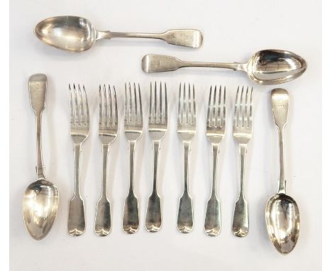 Quantity of Victorian table flatware, fiddle pattern bearing crest of burning tower, viz:- six tablespoons (15oz approx), eig