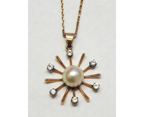 14ct rose gold star-shaped pendant on chain&nbsp;with central cultured pearl surrounded by six diamonds, 8g in total