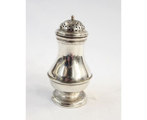 George II silver pepperette&nbsp;with girdled baluster form, pierced engraved mid surmounted by ball finial (possibly by Will