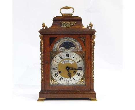 Reproduction bracket-style metal-mounted figured walnut bracket clock, having scroll handle to the raised pediment, pineapple