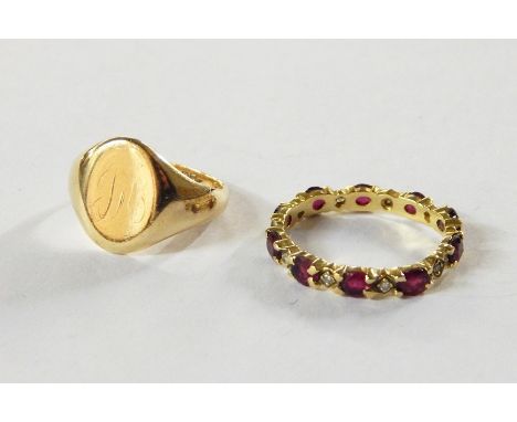 Gold, ruby and diamond eternity ring, 2.5g approx and a 9ct gold gentleman's signet ring, 4.5g approx (2) Re: Enquiry - Toys,