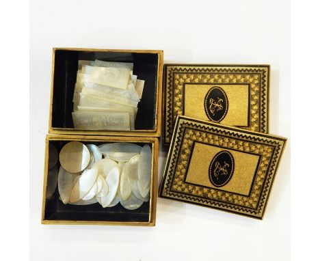 Two lacquered Oriental boxes with mother-of-pearl games counters, one box has a slightly damaged lid, 11.5cm x 9cm Re: Enquir