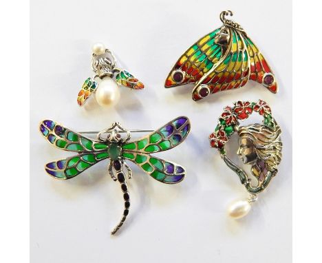 Four silver plique a jour pearl and semi-precious stone brooches to include dragonfly with pendant mount,  Art Nouveau maiden