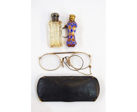 Miniature cut glass scent bottle with silver-coloured screw top, blue cased ruby cut glass miniature scent bottle with gilt m