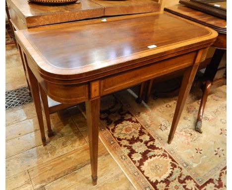 George III inlaid mahogany foldover top card table, square with curved corners, the folding top cross-banded and strung, havi