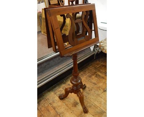 Victorian mahogany duet music stand with turned finial, lyre decoration to the two folding panels, on turned column moulded s