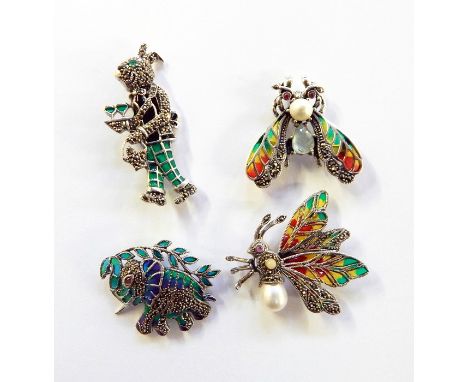 Four silver marcasite and plique a jour brooches, three with pendant attachments, to include elephant, rabbit and two insects