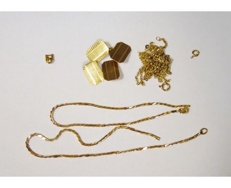 Pair of 9ct gold cufflinks, engine turned, double oblong with chain links, and quantity of 9ct gold and gold-coloured chains,