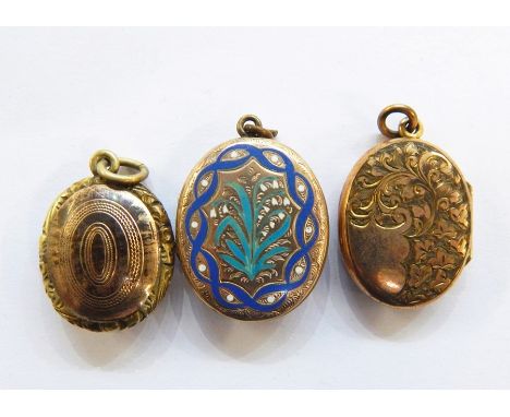 Victorian yellow metal locket, the front with enamel snowdrop decoration, with weaving blue border and two further yellow met