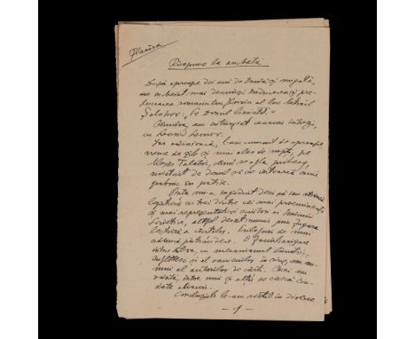 "R?spuns la anchet?" manuscript, by Cezar Petrescu, probably published in Flac?ra magazine, approx. 1947, from the collection