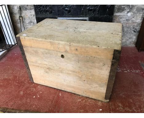 Large stripped pine trunk with metal bound sides, 64x97x60cm 