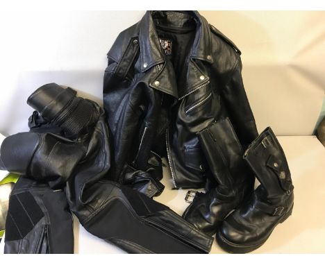 A Pair of Harley Davidson Motor Cycle boots size 9UK. Pair of Richa leather trousers and Leather crafts leather jacket 