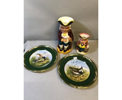 2 Spode hand painted plates Titled "Game Birds Lapwing" painted by W E Hall. together with 2 Burlington ware character jugs 