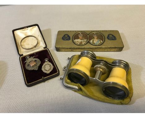 Various collectables, 2 Silver fob medals, Opera glasses, Silver bangle & Coronation tin 
