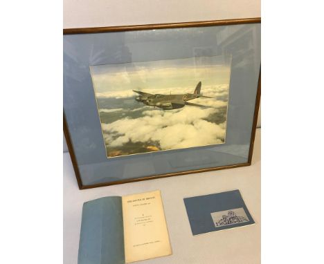 Framed WW2 Plane print, 1940 The Battle of Britain booklet & 1944 Mosquito Mutterings with sketches by KOZ. 