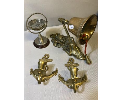 A Vintage cutty Sark brass wall hanging bell, 2 anchor candle holders & compass 