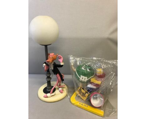 Pink Panther vintage lamp together with M & M's figure still sealed in plastic bag. 
