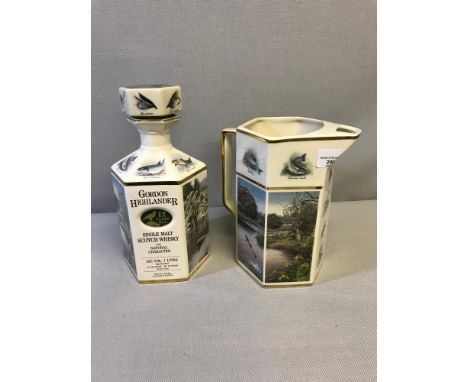 Gordon Highlander 12 year old scotch whisky decanter (empty) Together with Pointers of London fishing scene water jug 