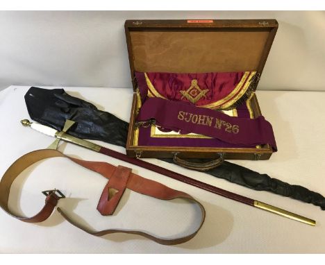 Antique masonic knight Templar sword with scabbard, belt and carry bag, Together with St John No26 masonic apron and sash 