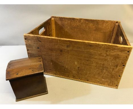Vintage pine crate together with an antique mahogany tea caddy 