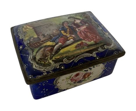 An 18th century South Staffordshire or Birmingham enamel snuff box
The lid painted with a central panel of Courtly Lovers wit