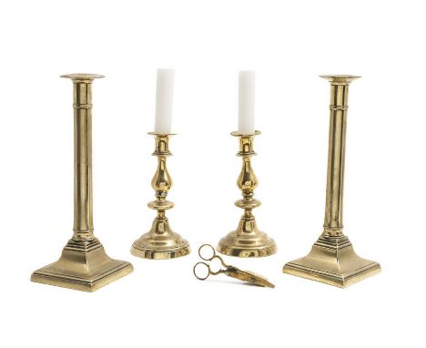 A pair of tall George III brass candlesticks and other brass ware
Each 26.5cm high, together with a small brass box engraved 