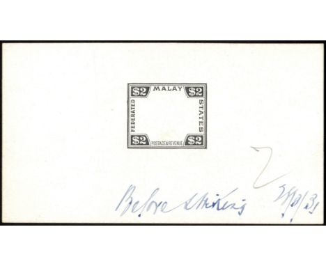 Malaya. F.M.S. 1931 (28 Mar) Die Proof in black on glazed card (92 x 52mm) of frame for 1922-34 Tiger $2 value, with manuscri