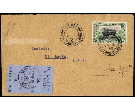 Falkland Islands. 1934 'Panton' envelope (addressee erased) bearing ½d Centenary with Fox Bay CDS of JA 2 (First Day), to St 