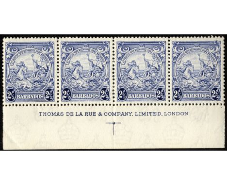 Barbados.  1938-47 2½d ultramarine horizontal mint strip of 4 with full imprint. R12/5 showing 'A' of 'CA' missing from water