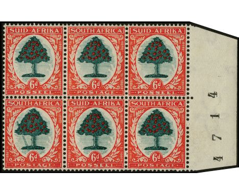 South Africa. 1937 6d Die 1 mint 3 x 2 block, marginal at right with sheet number, the lower stamps unmounted; the lower left