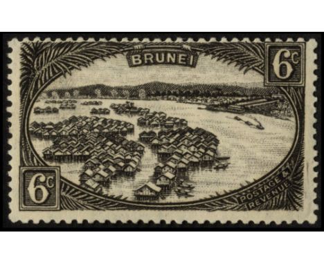 Brunei. 1924-37 6ct intense black, lightly hinged mint with watermark reversed. Brown gum, which may well be natural. The fir