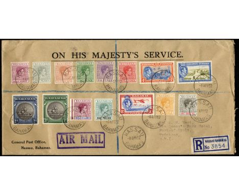 Bahamas. 1952 registered envelope (10 x 5") bearing the then-current stamps in use from ½d to £1 including 2/- and 3/- Seals,