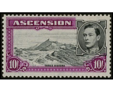 Ascension. 1944 10/- perf 13 mint with R5/4 'boulder' flaw, hingeing a little extensive. SG 47ba (£550)/CW 25b